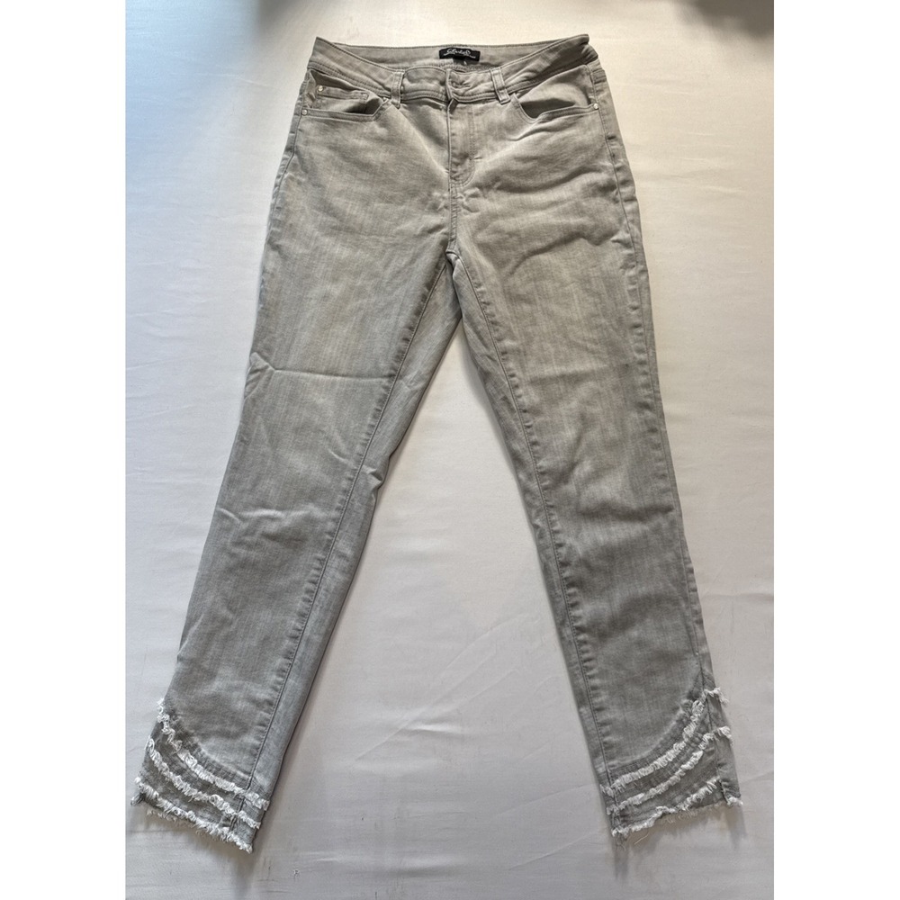 Charlie B Jeans 8 Light Grey Frayed Layered Fringe Cropped Ankle Skinny Stretch